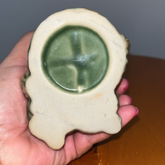 Elephant Planter Small Green Ceramic Trunk Up Big Ears Brown Accents 3 inch - Picture 5 of 6